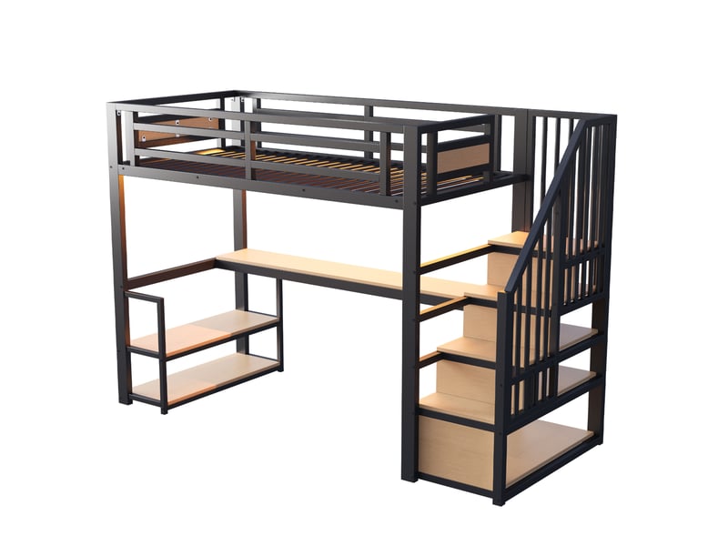  Lit mezzanine enfant 90x200 cm – noir – bureau, étagères, escalier de rangement, led - sans matelas  - Conforama D