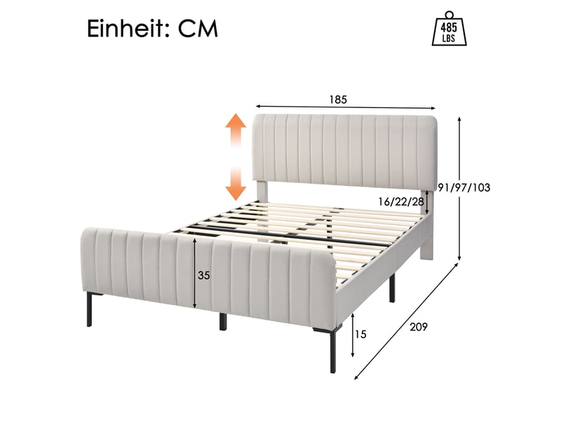  Lit double capitonnée 180x200 cm avec sommier à lattes et tête de lit réglable, tissu lin gris-beige  - Conforama C
