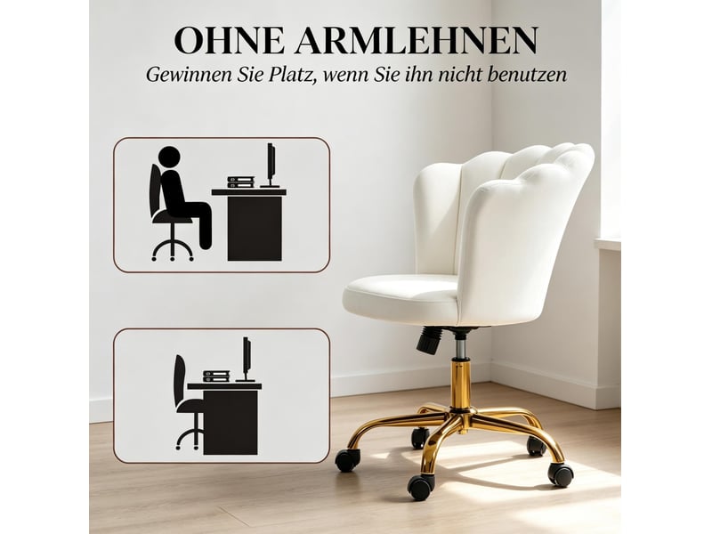  Chaise de bureau réglable en hauteur avec dossier pétale, accoudoirs intégrés et roulettes en velours blanc  - Conforama E
