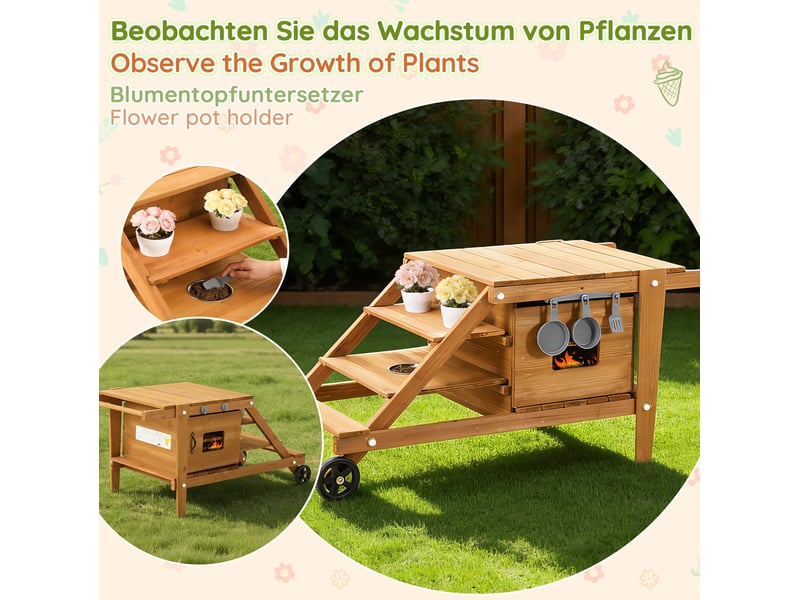  Cuisine d'extérieur enfant 132x59x60,5 cm – naturel – roulettes, four magnétique et accessoires inclus  - Conforama E