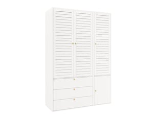 Armoire 135x50x200 cm à 3 portes à lamelles, 2 tringles, 3 tiroirs, panneau de particules blanc, chambre et dressing
