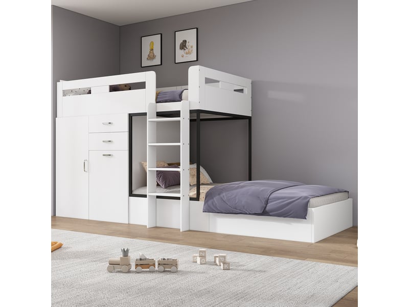Lit mezzanine enfant 90 x 200 cm, bureau coulissant, penderie, tiroir, étagères et échelle, gain de place, sans matelas, coloris blanc ABC - Conforama E