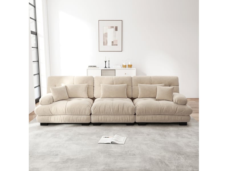 Canapé modulable 313x77x81cm 3 places, pour le salon, coussins inclus, structure en bois, tissu chenille, café clair - Conforama B