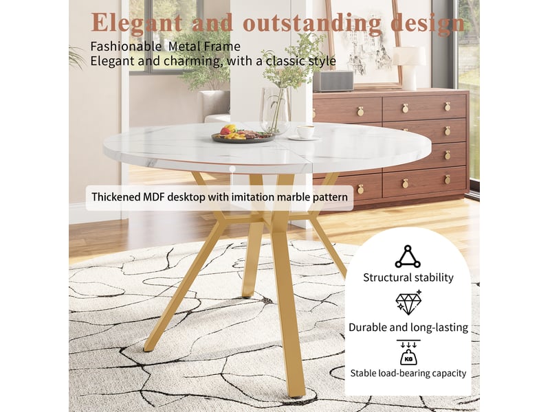 Ensemble table et chaises salle à manger (5 pièces) - table ronde moderne minimaliste en mdf avec marbre et pieds métalliques dorés, 4 chaises vertes en velours ergonomiques - Conforama E