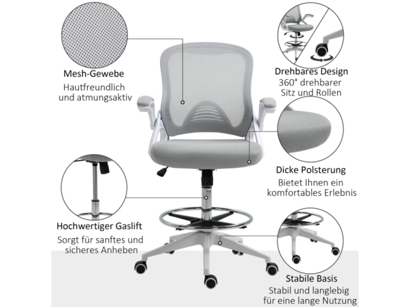 Chaise de bureau ergonomique en mesh gris clair, accoudoirs rabattables, repose-pieds, inclinable - Conforama B