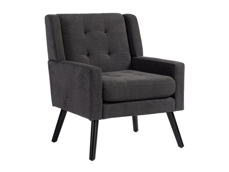  Fauteuil gris foncé en daim capitonné, style milieu du siècle, mousse haute densité, pieds bois massif, salonchambrebureau  - Conforama A