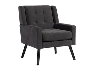 Fauteuil gris foncé en daim capitonné, style milieu du siècle, mousse haute densité, pieds bois massif, salonchambrebureau