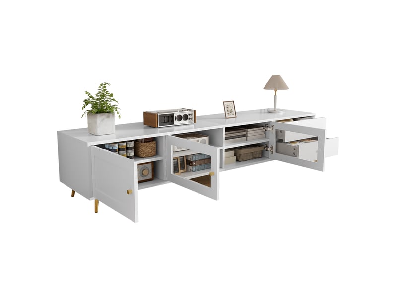  Meuble tv avec 2 tiroirs, 2 portes vitrées, 1 porte et étagères réglables, pour salon, en blanc, 170×40×43 cm  - Conforama E