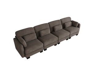 Canapé droit modulable 330 cm 4 places avec coussins d’accoudoir amovibles, coussins lombaires épais à soutien renforcé, chenille, brun café