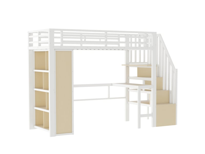 Lit mezzanine métal blanc 90x200 cm avec bureau led rangement escalier - Conforama D