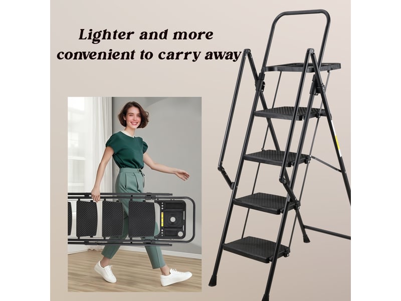  Escabeau 4 marches acier pliant avec rampe et plateau porte-outils amovible, charge 150 kg, noir  - Conforama D