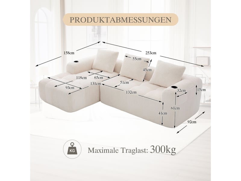  Canapé droit en velours côtelé beige, 4 places, 253 cm, poches latérales W2845S00247 - Conforama C