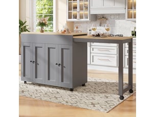 Îlot de cuisine extensible 117 à 180 cm, gris en mdf, 6 espaces de rangement avec roulettes fixes
