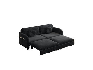 Canapé convertible 2 places 3-en-1, canapé-lit queen size avec poches latérales, coussins mobiles, tissu chenille noir, 166 x 84 x 90 cm