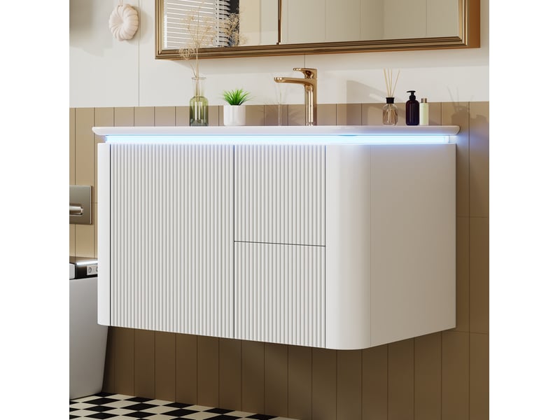Meuble vasque salle de bain suspendu 80,5x47,5x51 cm, armoire avec led, 4 tiroirs, style moderne, mdf blanc, design - Conforama D