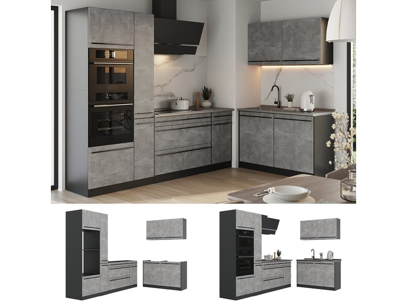  Vicco cuisine en angle, bétonanthracite, 230 x 120 cm plan de travail chêne doré  - Conforama D