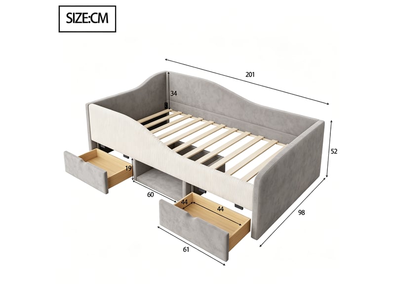  Lit enfant 90 x 190 cm en velours gris avec barrières, 2 tiroirs et rangements  - Conforama C
