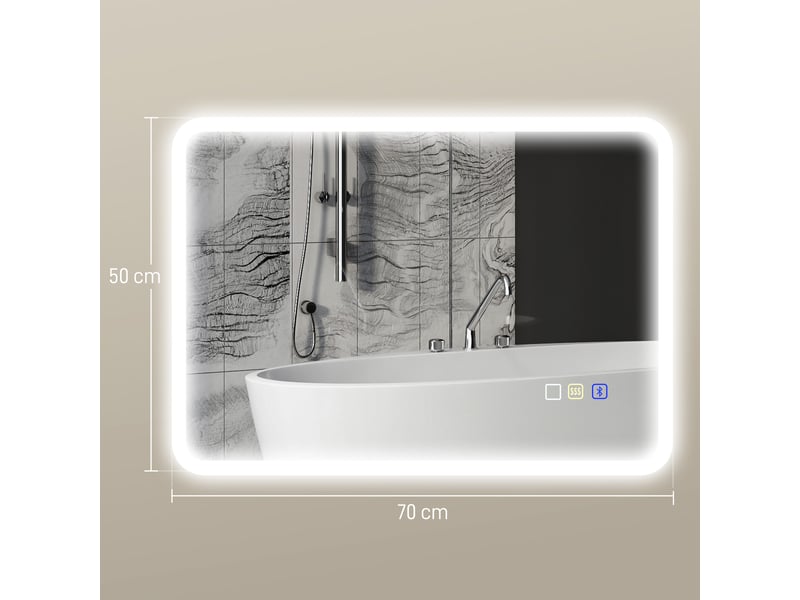  Miroir salle de bain led bluetooth 50 x 70 cm interrupteur tactile lumière réglable 3 couleurs anti-buée mémoire argent  - Conforama E