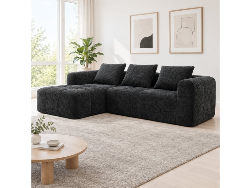  Canapé d'angle modulable 3 places avec méridienne, poches latérales et 3 coussins en chenille noir, 250 × 158 × 60 cm  - Conforama C