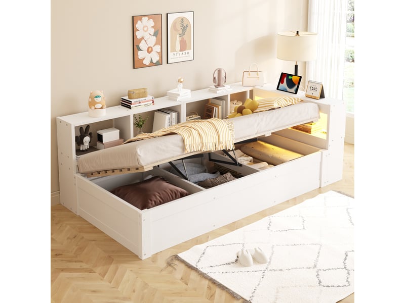  Modenvie lit coffre 1 place 90x200 cm - avec led, prise integrée et rangements - pour petit espace - blanc  - Conforama B