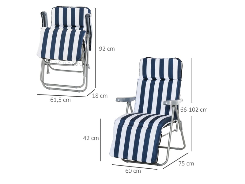  2 chaises longues pliantes de jardin avec accoudoirs, pliables, 5 positions, coussin, bleues, 60 x 75 x 102 cm  - Conforama D