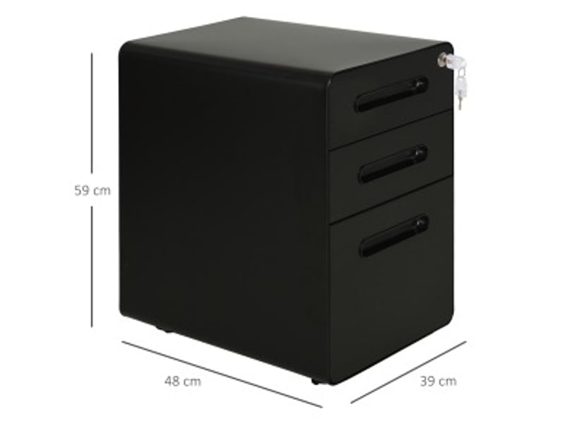  Caisson de bureau mobile 39 x 48 x 59 cm – noir – 3 tiroirs avec serrure et roulettes en acier  - Conforama C