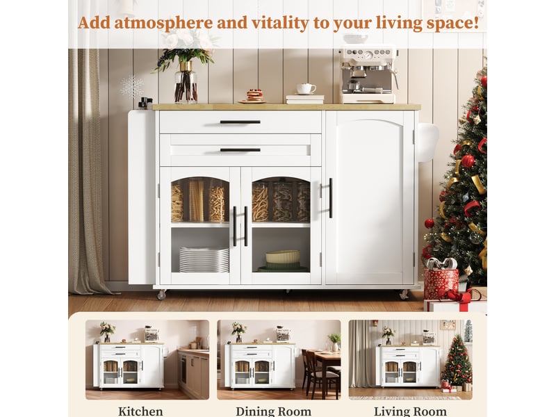  Desserte de cuisine avec plateau rabattable, 2 portes vitrées et 2 tiroirs, 5 roulettes, 138 × 70 × 90 cm  - Conforama E