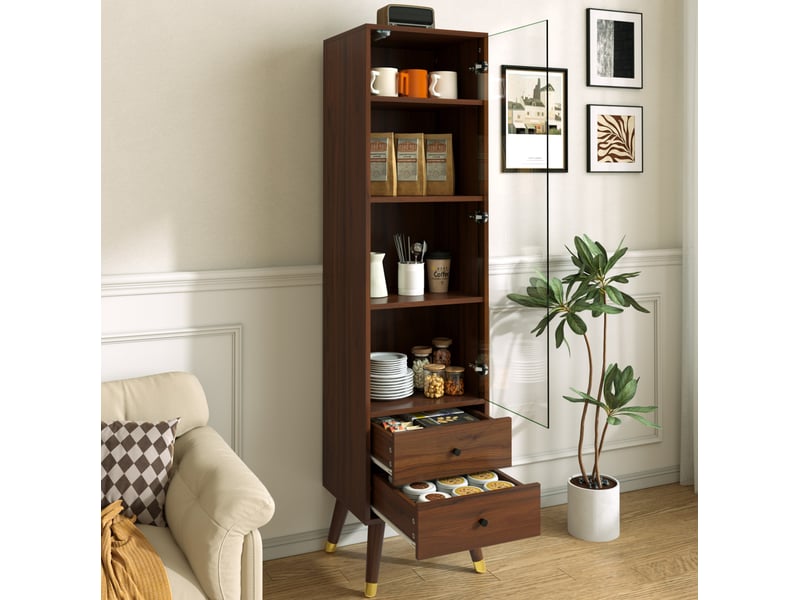  Vitrine, porte en verre, 2 tiroirs, étagères ajustables, intérieur, présentation déco, pour intérieur, en mdf, marron  - Conforama D