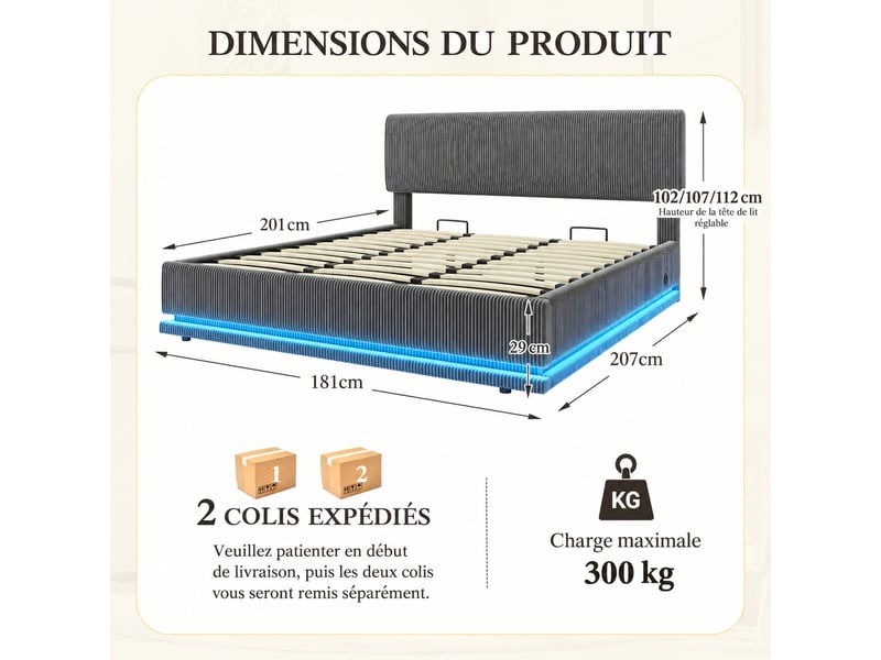  Lit rembourré 180 x 200 cm en velours côtelé gris foncé, rangement sous le sommier, led et usb-c  - Conforama C