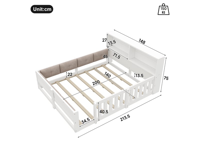 Lit jeune 2 places 140x200 cm équipé de tête de lit, barrière et rangement, mdf, finition blanc - Conforama C