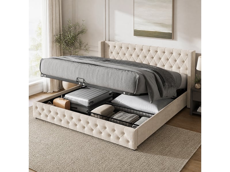 Lit double 140 x 190 cm avec coffre hydraulique en velours beige - Conforama D