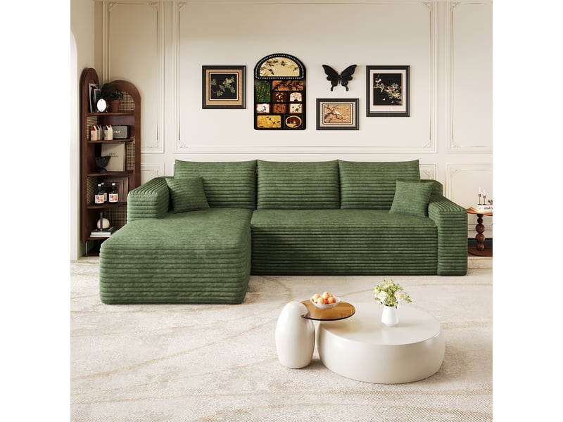 Canapé d'angle en L 241cm,canapé compressé modulable 3 places avec méridienne à gauche,motif nuage,assise profonde,tissu en velours côtelé,vert CARDUME ESTIVAL - Conforama E