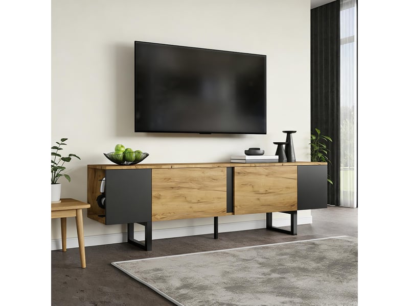  Meuble tv avec deux caissons latéraux et des étagères ouvertes, couleur naturelle  - Conforama D