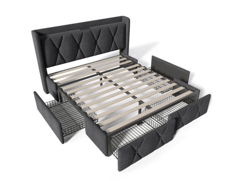  Lit double 140x200 cm gris usb — tête de lit, 4 tiroirs, matelas inclus  - Conforama E