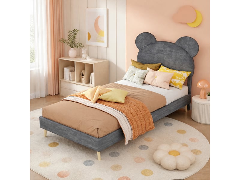  Lit enfant 90 × 200 cm 1 place avec rangement hydraulique et tête de lit rembourrée, sans matelas, tissu gris  - Conforama B
