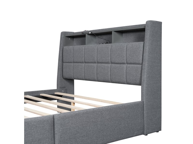  Lit adulte 140 x 200 cm, cadre de lit avec rangement, 2 tiroirs, éclairage led, connectique usb, tête de lit, 2 places, lin, gris Morn Vibe - Conforama E