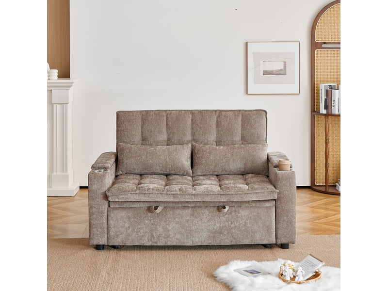  Canapé convertible modenvie 3-en-1 142 x 89 x 89 cm en chenille marron avec rangements et porte-gobelets  - Conforama D