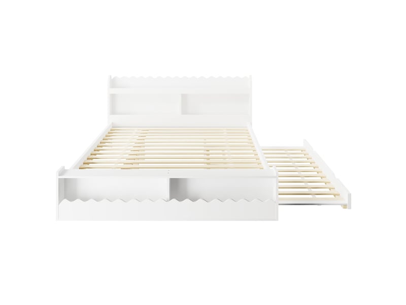 Lit gigogne, 140 x 200 cm, avec tête et pied de lit dotés d'espaces de rangement, et bande lumineuse led, blanc - Conforama A
