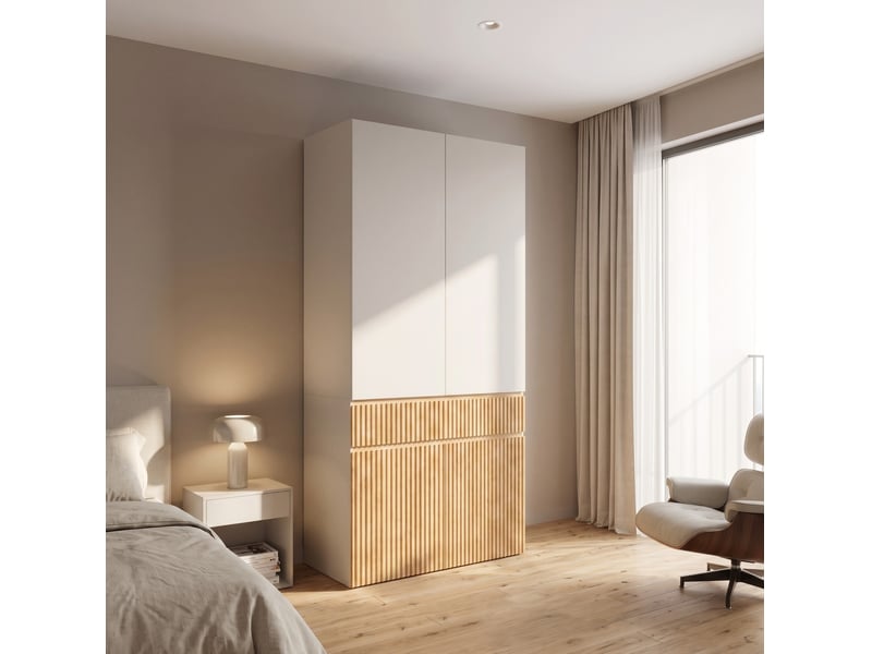 Armoire à portes battantes 90x50x202 cm, 1 tringle, 1 tiroir, 4 portes, mdf, chêne clair et gris, chambre et dressing  - Conforama D