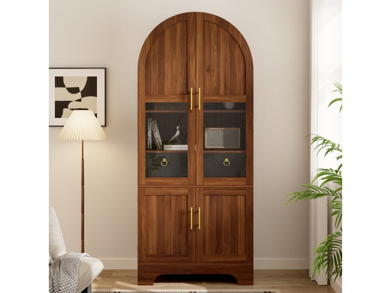 Vitrine haute 76×40×180cm à façade cintrée, éclairage led, 4 portes, 1 tiroir et façade vitrée,noyer  - Conforama B