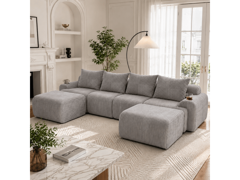  Canapé modulable, canapé de salon, en velours tricoté, gris clair, porte-gobelets  - Conforama R