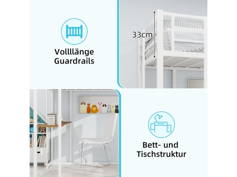  Lit mezzanine métal avec bureau intégré - 3 étagères de rangement, garde-corps 360° 33cm - gain de place - blanc  - Conforama R