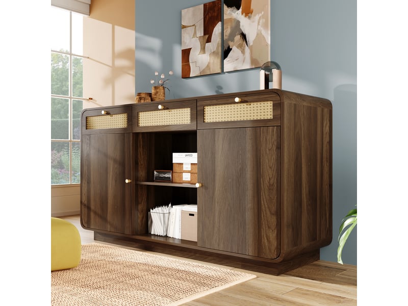  Buffet avec 3 tiroirs, 2 placards latéraux et rangement ouvert, effet noyer et façades en rotin, 120×40×85 cm  - Conforama C
