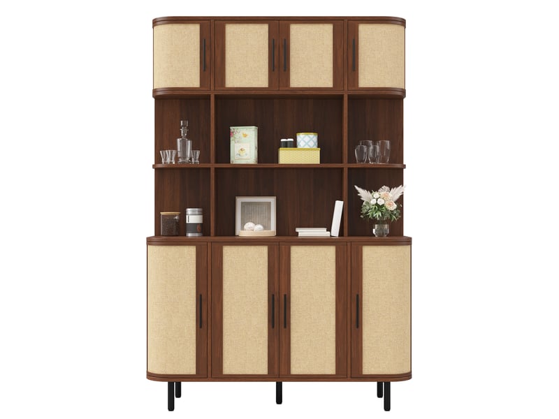 Buffet haut de rangement avec 8 portes et niches ouvertes, façades tressées, poignées noires pour salon en mdf noyer  - Conforama A