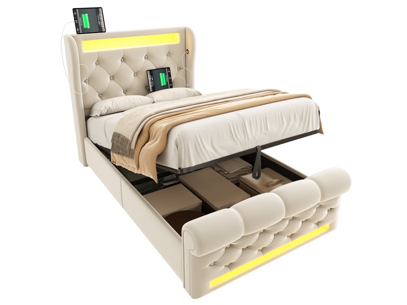 Modenvie lit coffre 90x200 cm - led, rangement et ports usb-c, matelas inclus - beige  - Conforama A