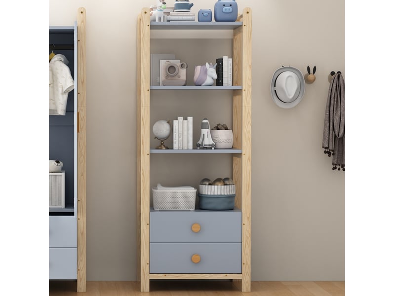  Bibliothèque avec 3 étagères ouvertes et 2 tiroirs, en pin et mdf bleu, pour salon ou chambre, 70 × 44 × 180 cm  - Conforama C