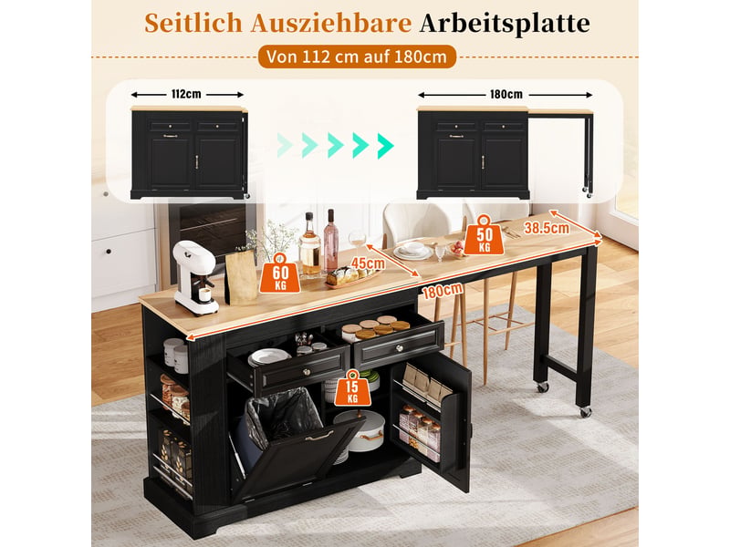 Îlot de cuisine 116x45x92 cm - extensible - grand rangement - sur roulettes - avec tiroirs - mdf - gain de place - meuble de rangement - chêne CozyNest - Conforama E