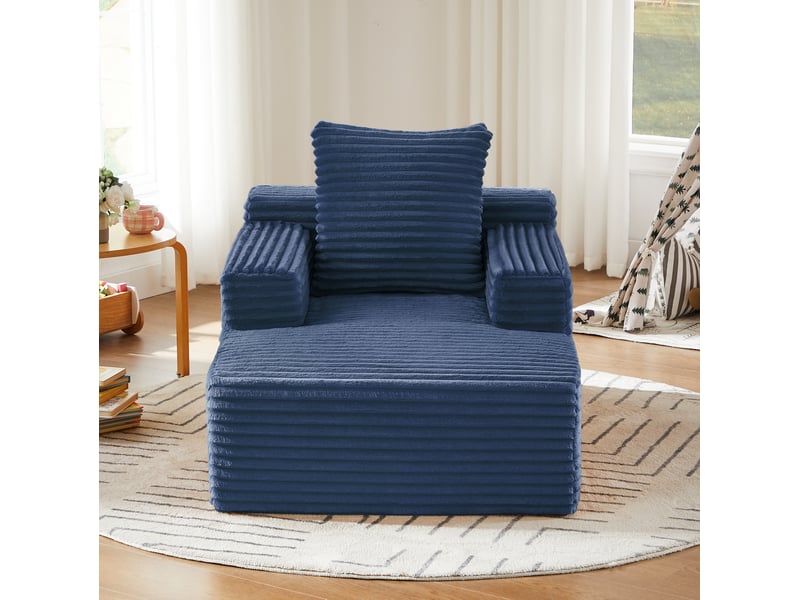 Méridienne 1 place convertible en couchage avec ressorts ensachés en velours côtelé bleu, 81 × 117 × 50 cm  - Conforama D