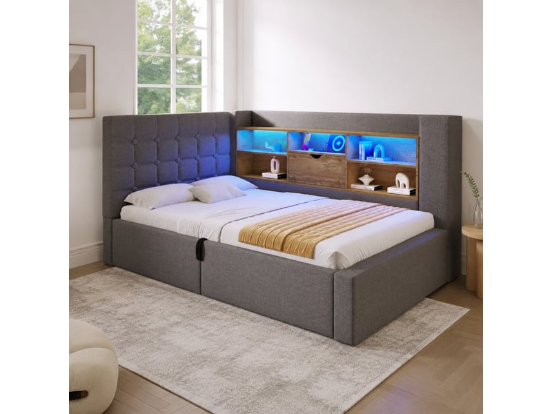  Lit simple 200×90 cm avec coffre hydraulique, éclairage led et ports usb, tête de lit réversible, sans matelas, gris  - Conforama B
