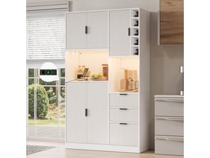 Buffet de cuisine blanc 180x105x40 cm, meuble haut avec 3 tiroirs, étagères réglables et éclairage led